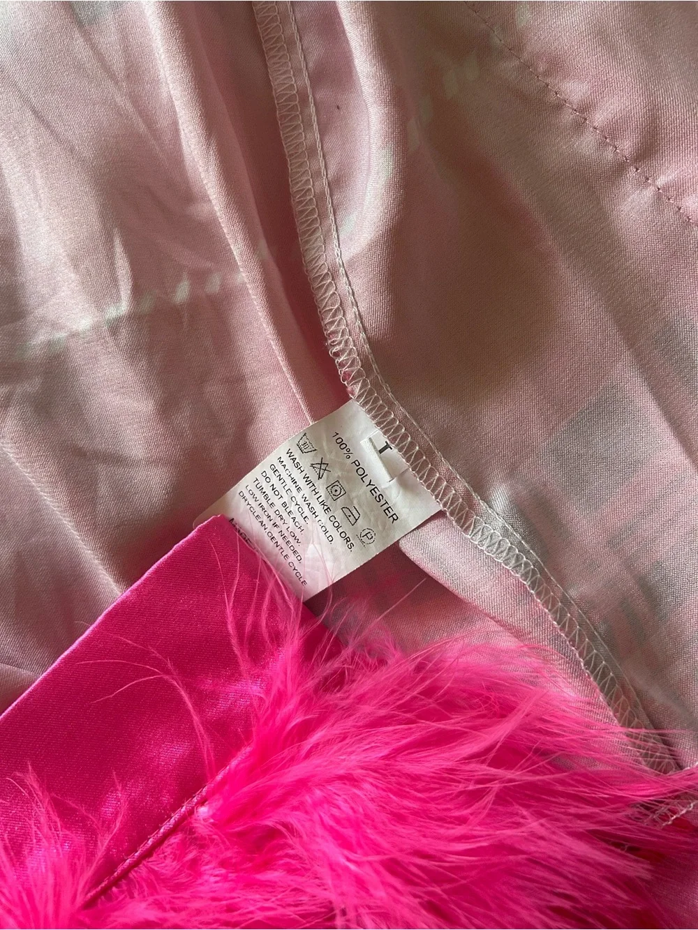 Pink plaid pajama set with feather trim